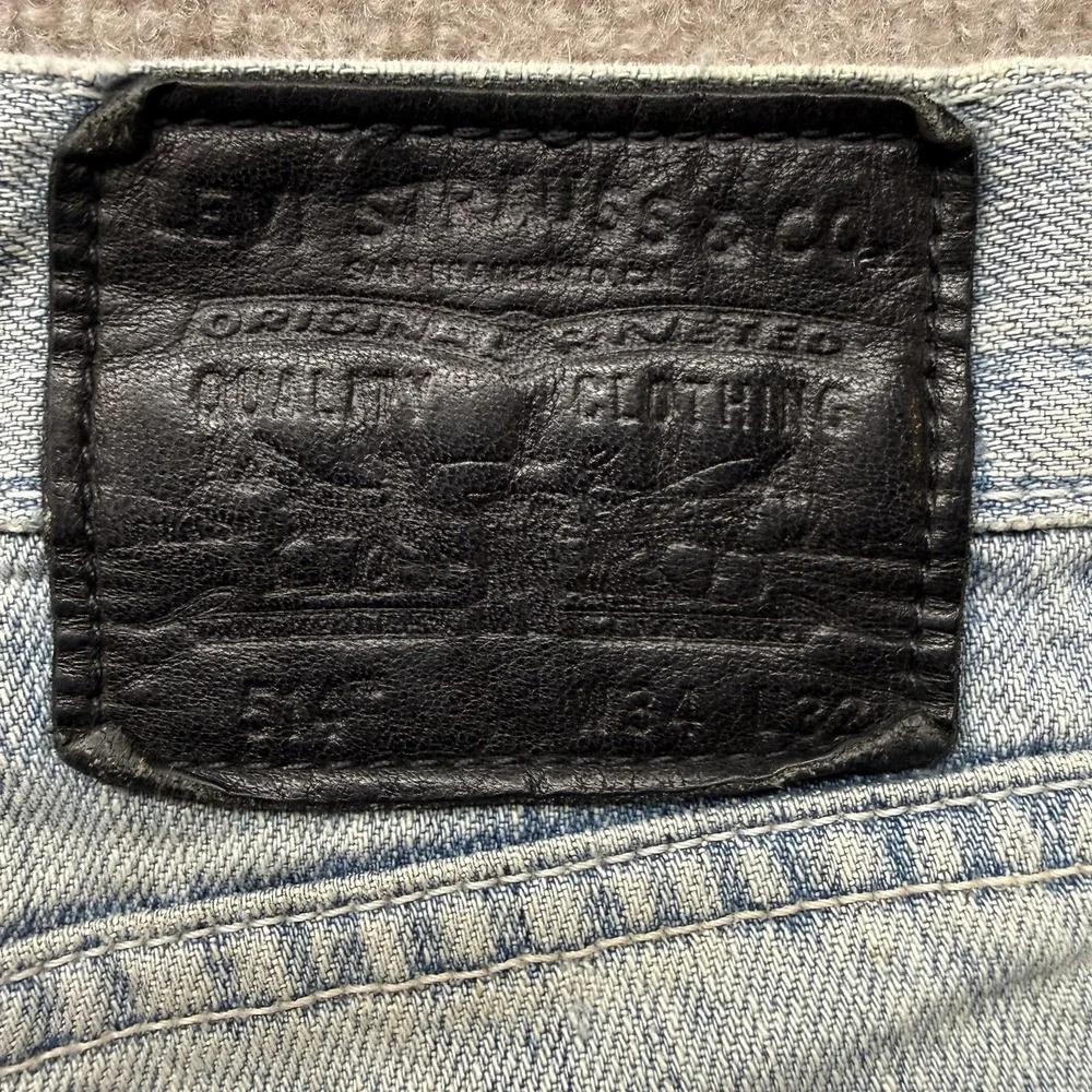 Levis 514 Straight Fit Jeans Mens 34x32 Light Wash Distressed Blue Denim‎